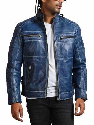 Adorn Blue Café Racer Perforated Leather Vintage Jacket