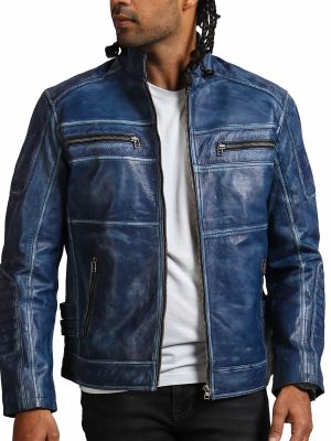 Adorn Blue Café Racer Perforated Leather Vintage Jacket