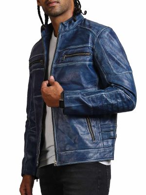 Adorn Blue Café Racer Perforated Leather Vintage Jacket