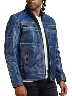 Adorn Blue Café Racer Perforated Leather Vintage Jacket