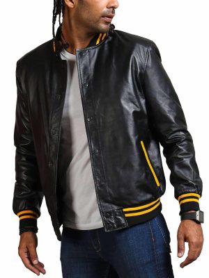 Alex Black Bomber Yellow Striped Leather Jacket