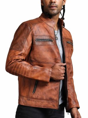 Ark Brown Men’s Perforated Biker Leather Jacket