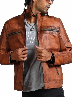 Ark Brown Men’s Perforated Biker Leather Jacket