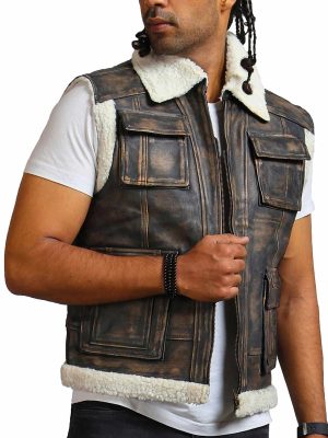 Arnold Distressed Black Leather Shearling Trucker Jacket