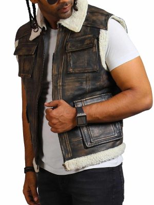 Arnold Distressed Black Leather Shearling Trucker Jacket
