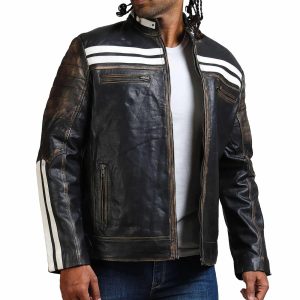 Bristol Distressed Black And White Striped Leather Jacket