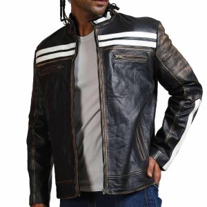 Bristol Distressed Black And White Striped Leather Jacket
