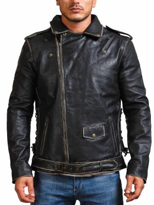 Dagger Sword Skull Distressed Black Leather Jacket