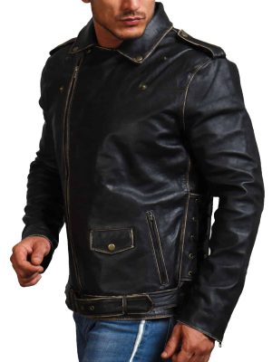 Dagger Sword Skull Distressed Black Leather Jacket