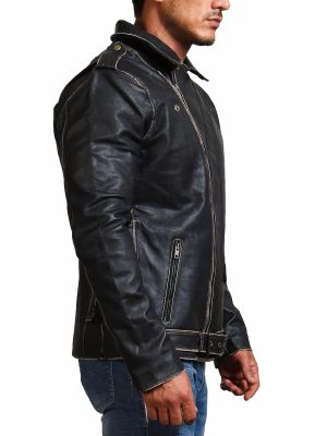 Dagger Sword Skull Distressed Black Leather Jacket