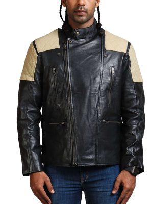 Eagle White Quilted Black Biker Leather Jacket