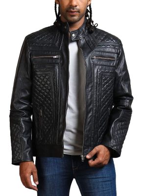 Eric Diamond Quilted Black Zipper Leather Jacket