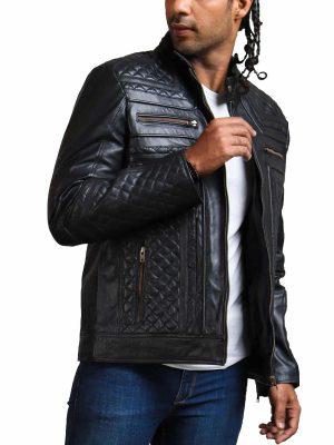 Eric Diamond Quilted Black Zipper Leather Jacket