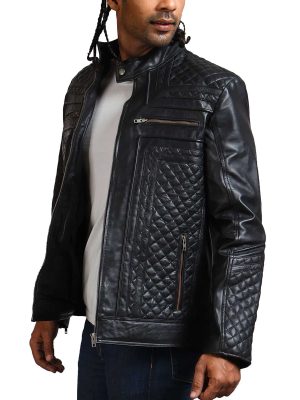 Eric Diamond Quilted Black Zipper Leather Jacket