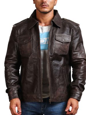 French Brown Trucker Vintage Leather Jacket For Men