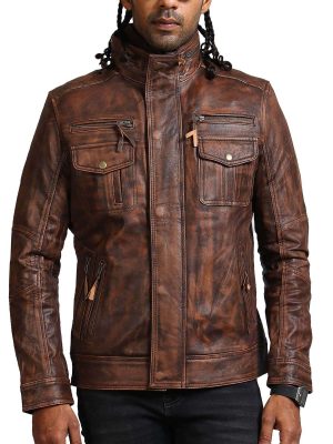 Greg Distressed Brown Leather Trucker Jacket