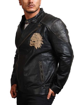 Indian Skull Black Leather Biker Jacket