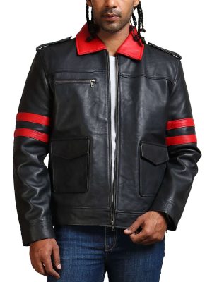 Iron Black Leather Red Striped Biker Jacket Men
