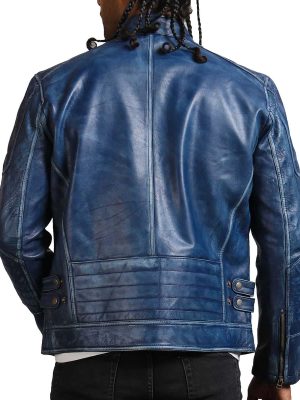 Adorn Blue Café Racer Perforated Leather Vintage Jacket
