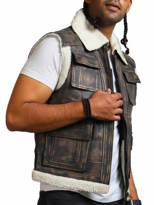 Arnold Distressed Black Leather Shearling Trucker Jacket