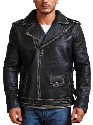 Dagger Sword Skull Distressed Black Leather Jacket
