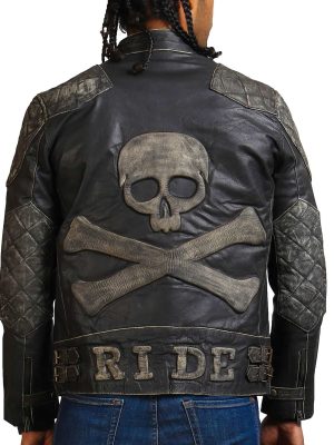 Men's Ride Skull Crossbone Distressed Black Leather Motorcycle Jacket