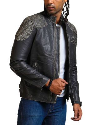 Men's Ride Skull Crossbone Distressed Black Leather Motorcycle Jacket