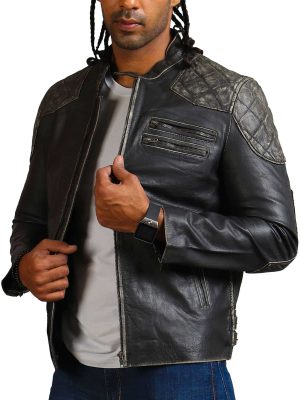 Men's Ride Skull Crossbone Distressed Black Leather Motorcycle Jacket