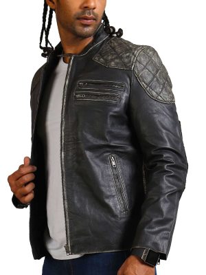 Men's Ride Skull Crossbone Distressed Black Leather Motorcycle Jacket