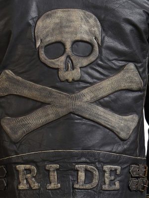 Men's Ride Skull Crossbone Distressed Black Leather Motorcycle Jacket