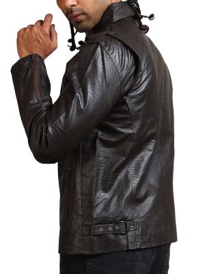 Snake Pattern Men's Black Leather Jacket