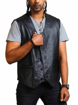 Predator Black Leather Vest For Men