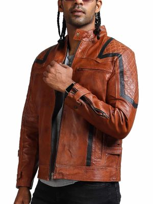 Roan Brown Quilted Black Design Waxed Leather Jacket