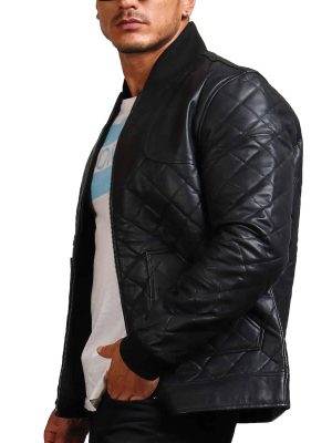 Robin Black Quilted Leather Bomber Jacket