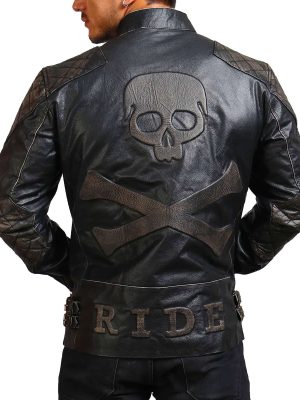 Skull Crossbone Distressed Black Quilted Motorcycle Jacket