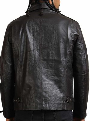 Snake Pattern Men's Black Leather Jacket