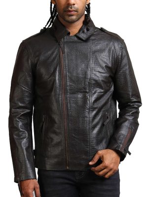Snake Pattern Men's Black Leather Jacket