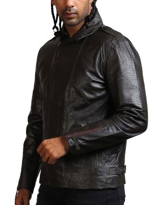 Snake Pattern Men's Black Leather Jacket