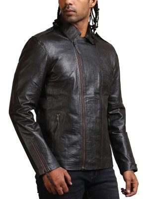 Snake Pattern Men's Black Leather Jacket