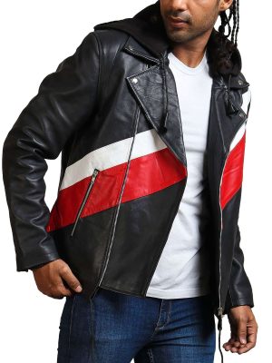 Stern Black Leather White Red Striped Hooded Jacket