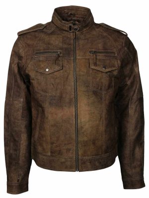 Majestic Brown Men Distressed Leather Jacket