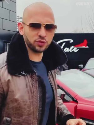Andrew Tate Brown Shearling Leather Jacket Outfit