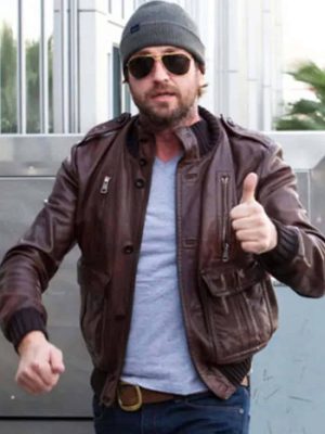 Gerard Butler Brown Bomber Leather Jacket
