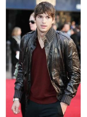 Ashton Kutcher Your Place Or Mine Brown Leather Bomber Jacket