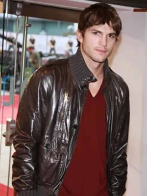 Ashton Kutcher Your Place Or Mine Brown Leather Bomber Jacket