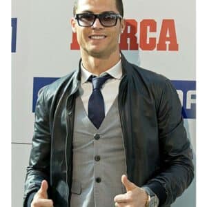 Cristiano Ronaldo Black Leather Bomber Jacket