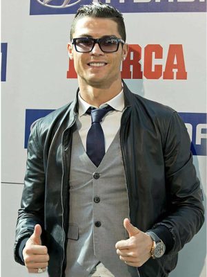 Cristiano Ronaldo Black Leather Bomber Jacket