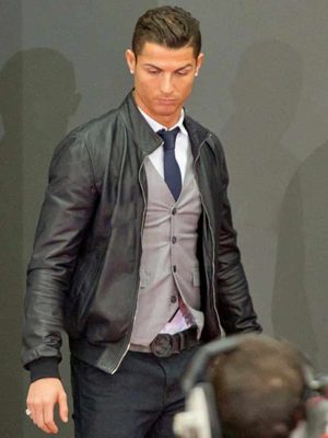 Cristiano Ronaldo Black Leather Bomber Jacket