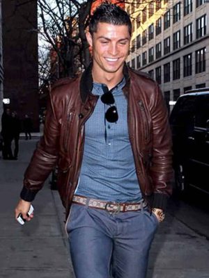 Cristiano Ronaldo Brown Leather Bomber Jacket