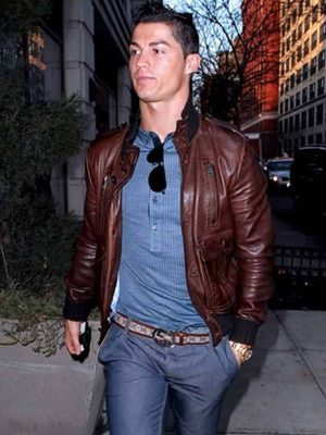 Cristiano Ronaldo Brown Leather Bomber Jacket
